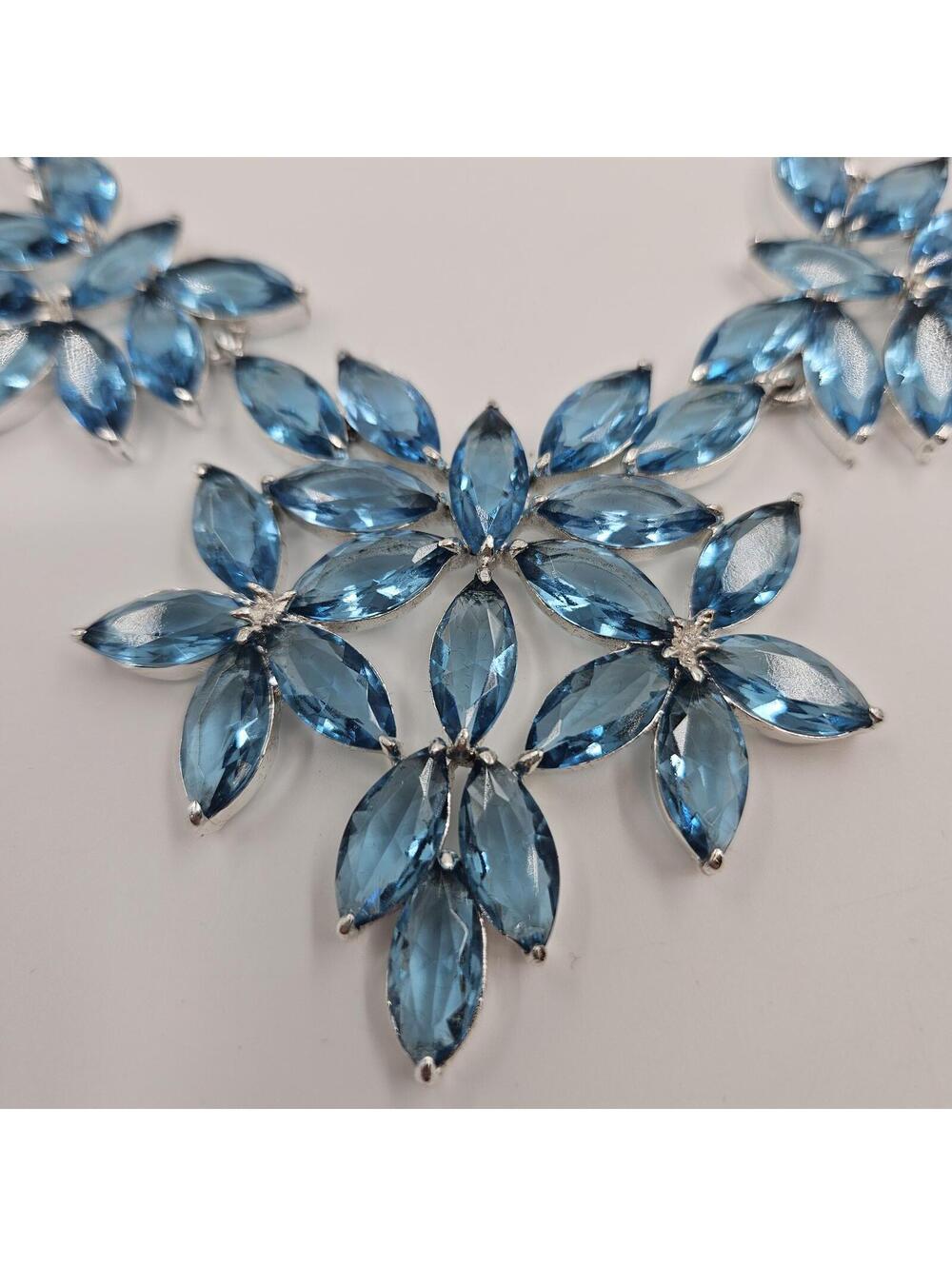 Roberto Faraone Mennella Blue Crystal Floral Statement Necklace Box Card 20"